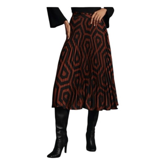 Anthropologie Valerie Pleated Midi Skirt Black Brown Motif Geometric Print XL - Picture 2 of 8